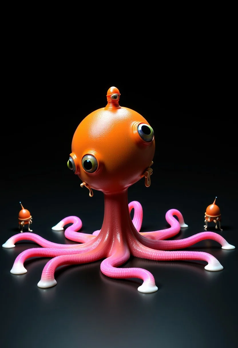 A octopus with a large, round head with big, expressive eyes and a small mouth. He has eight long, pink tentacles with white suction cups at the ends. Perched on top of the octopus's head is a small, strange little thing, adding to the odd charm of the scene. Surrounding the octopus are five smaller, strange little things of varying sizes and colors. The background is dark.