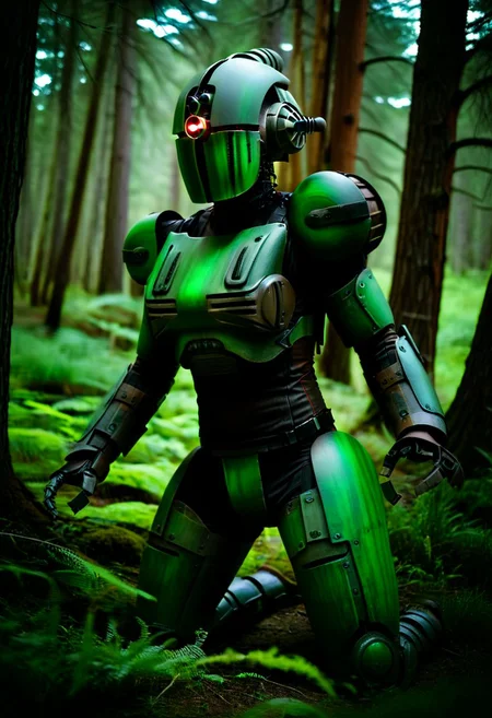 easynegative, extremely detailed, dark, chiaroscuro, low-key, AssaultronCosplay, zavy-strps, a brown assaultron robot, ((the assaultron has green stripes painted on its armor)), ((tiger stripe pattern)), in the forests of Oregon