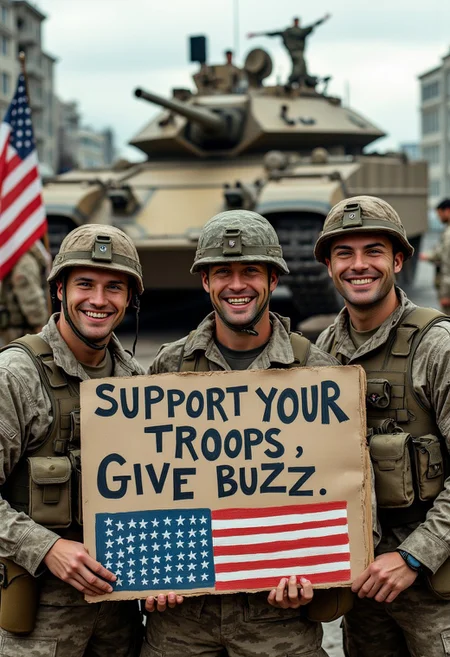 The scene shows a group of American soldiers, dirty but smiling, while behind them is a war tank, which is in the middle of a city destroyed by a war. One of them is holding an American flag, while the others are holding a sign that says “SUPPORT YOUR TROOPS. GIVE BUZZ." The letters must be painted in the colors of the U.S. flag.