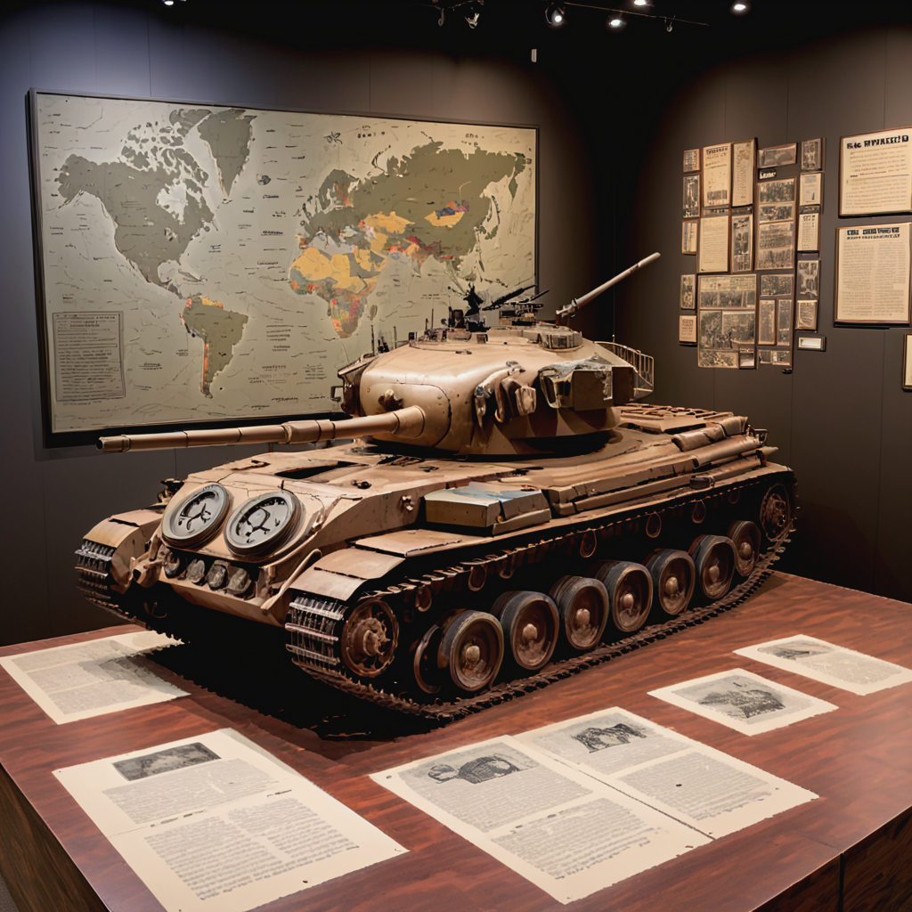 In a modern military museum, a preserved cntrntnk tank is displayed in pristine condition, surrounded by plaques detailing its extensive service history across multiple continents.  ((pulp_comic, heavy_lines, hand_drawn, hand_inked, hand_colored, perfect_face, apxlz))