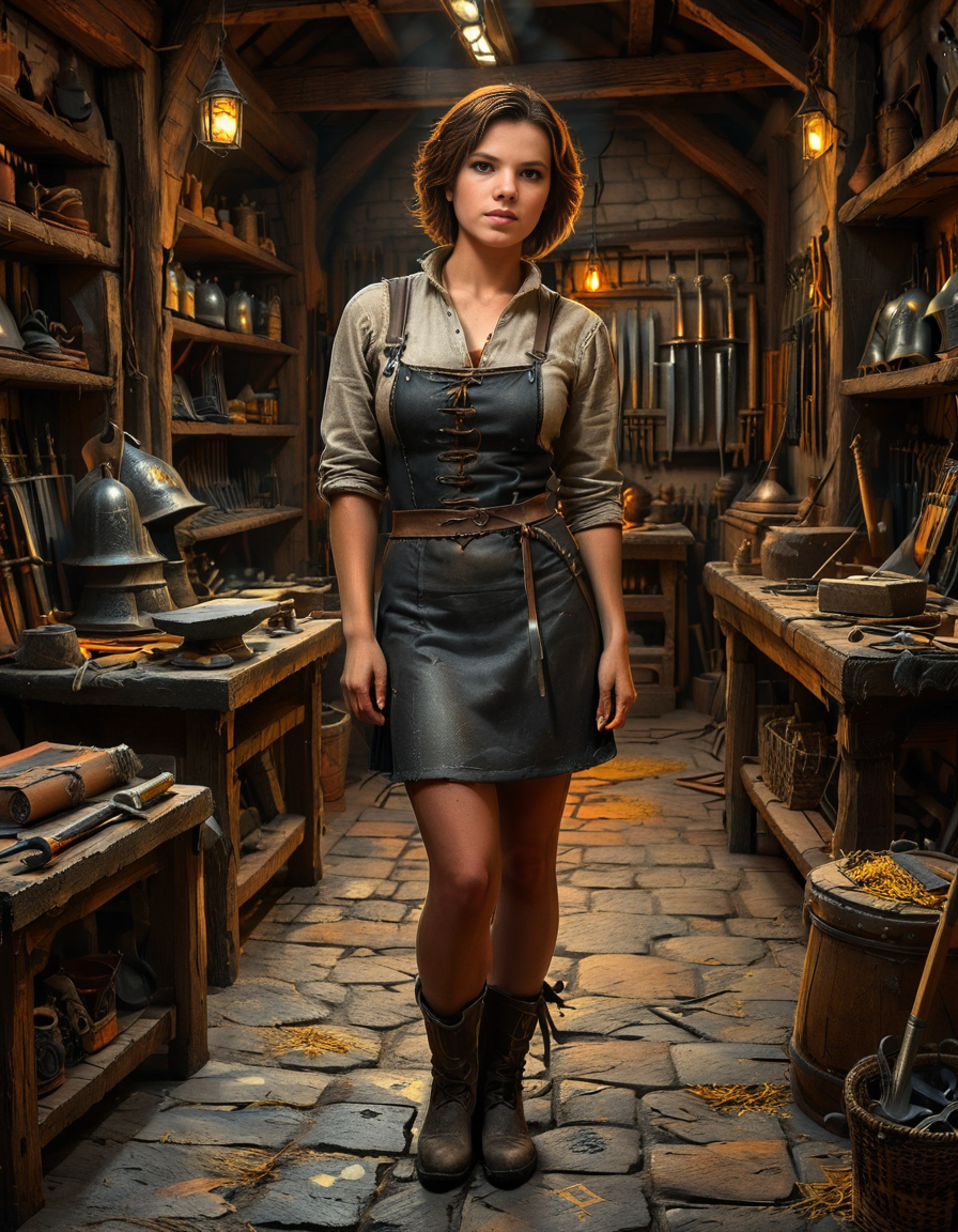 looking at viewer,(A strong and elegant female,1girl,short brown hair,medium breasts:1.3), blacksmith standing confidently in her medieval forge shop,medieval f0rg3 sh0p. She has a determined expression on her face, with soot and ash lightly marking her skin. She is wearing a thick leather apron with scorch marks, a rolled-up linen shirt underneath, and sturdy boots. Her muscular arms are visible, showing the strength of her craft. The background shows a dimly lit, rustic workshop filled with medieval tools: an anvil, a glowing furnace, hanging tongs, and shelves lined with metallic objects like swords and horseshoes. The warm orange glow of the fire contrasts beautifully with the dark, shadowy corners of the shop. The atmosphere is filled with details of realism, evoking a sense of hard work and medieval craftsmanship.<lora:SDXLFaeTastic2400:0.4> <lora:extremely_detailed:0.4> extremely detailed, <lora:medieval_f0rg3_sh0p:1>, Masterpiece,best quality,hi res,8k,hi res,8k,award winning,(sharp focus, intricate, highly detailed),