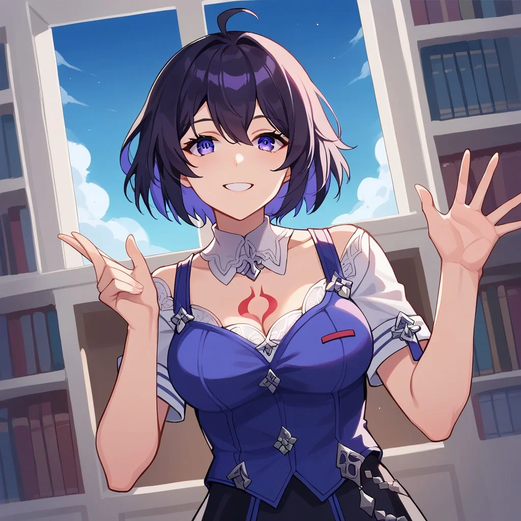score_9, score_8_up, score_7_up,Captivating Eye Reflections,beautiful detailed eyes,lower eyelid,beautiful detailed face,BREAK ,source_anime,Seele,Azure Memories,1girl,medium breast,purple eyes,short hair,dark blue hair,blue inner hair,ahoge,red tattoo on the breast,blue and white shirt,short sleeves,black skirt,thigh gap,white kneehighs,black footwear,smile,window,library,indoor,blue sky