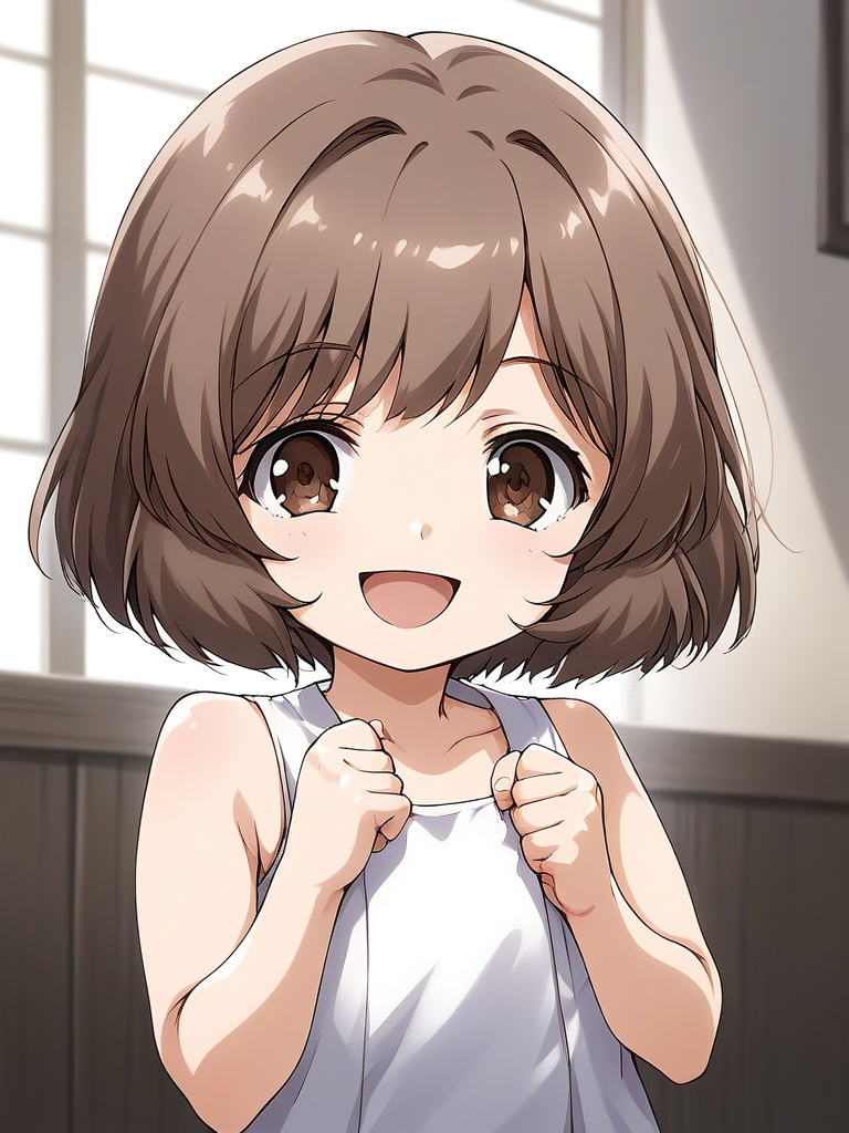 score_9, score_8_up, score_7_up, source_anime, rating_explicit, BREAK  <lora:Amatsuka_Sakura_Ver2.0_XL:1> AmatsukaSakura, brown hair, short hair, brown eyes, bangs, no hat, chibi, smile,
1girl, solo, smile, open mouth, looking at viewer, :d, clenched hands, indoors, bare shoulders, upper body
