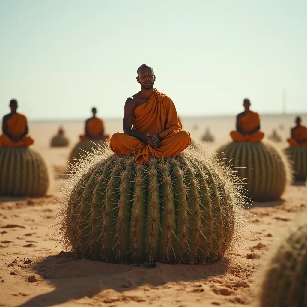 A monk sits cross-legged atop a towering cactus, his posture serene despite the sharp thorns. Around him other monks also meditate on nearby cacti, Each monk sits on a separate cactus, cross-legged and serene, unfazed by the sharp thorns. The desert is silent, with a circle of monks meditating atop their own spiny thrones under the glaring sun.