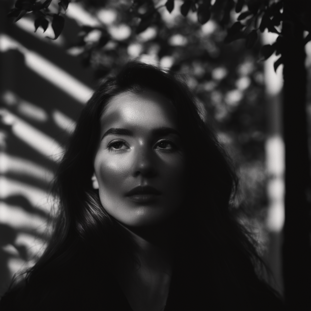 cinematic film still of  <lora:casting shadow style v2:1>
A cucoloris patterned illumination casting a tree branch shadow on a modeling woman with long hair standing in front of a tree,1girl,solo,long hair,monochrome,upper body,greyscale,blurry,lips,depth of field,blurry background,realistic,nose,cinematic,film,filmic,casting shadow,venetian blinds casting shadow light,shadow on face,face partially covered in shadow,different shadow,window casting shadow light,cinematography,detailed,detailed background,detailed face,high quality,8k,cuculoris,kookaloris,cookaloris or cucalorus,light modifier,different light pattern,creative light,unique shadow , casting shadow style, shallow depth of field, vignette, highly detailed, high budget, bokeh, cinemascope, moody, epic, gorgeous, film grain, grainy