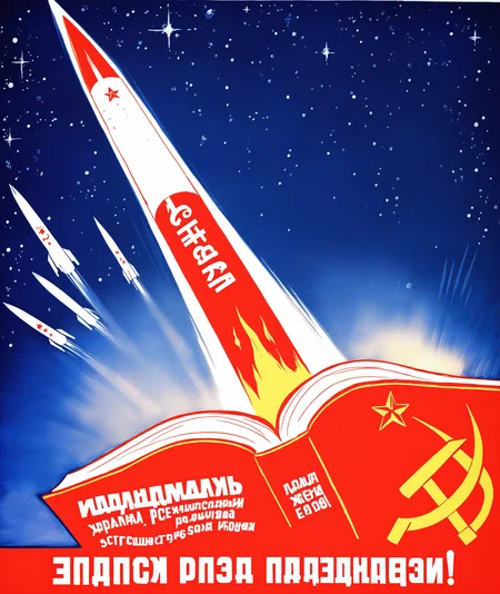 s-m, star \(sky\), starry sky, space, red star, fire, one rocket launches from a open book, (open book:1.5), russian text, red, blue, monochrome, soviet poster, hammer and sickle,front view,
masterpiece, absurdres,
<lora:CCCPposter-NOOB-VPRED1.0-7:1>