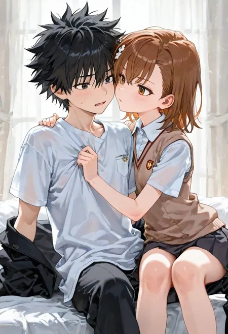masterpiece, best quality, newest, absurdres, highres, safe,, (artist:ningen_mame:0.9),(artist:sho_(sho_lwlw):0.9),(artist:fkey:0.7),(ciloranko:0.5), 
,1boy, 1girl, kamijou touma, misaka mikoto,
,,A World Morph in which everything is made of iron.,iron