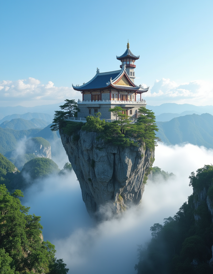 <lora:MW_Minis01flux:1> mwm01, cinematic, majestic, fantasy, T10, gold, blue, bokeh, photo of a cute fairytale majestic fantasy castle with traditional East Asian architectural elements, perched atop a tall, narrow floating island of rock, surrounded by lush greenery. The scene is set high above the clouds in a mountainous region, with mist rolling through the deep valleys below. The castle features ornate curved rooftops, spires, and a grand entrance, all bathed in soft morning light. The overall atmosphere is serene and ethereal, with a dreamlike quality enhanced by the low-angle aerial view showcasing the dramatic height and isolation of the floating island. Puffy clouds and distant mountain peaks fill the background under a clear, blue sky. Ultra-detailed,