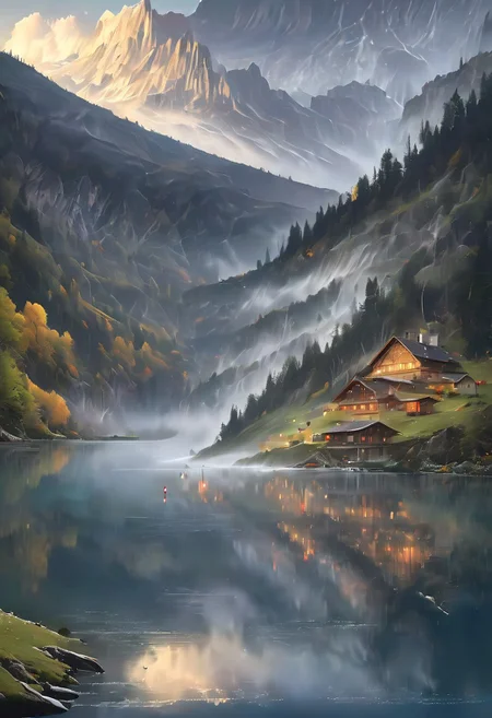 8k breathtaking view of a Boat on the waterside, Swiss alp, mountain lake, milky haze, morning lake mist, masterpiece, award-winning, professional, highly detailed in yvonne coomber style, undefined, snow, mist,  in the distance, glowing eyes