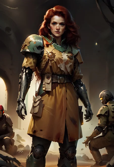 score_9, score_8_up, score_7_up, score_6_up, source_anime, w4rh4mm3r style oil painting, grimdark, young redhead woman, futuristic soldier with cybernetic arms, AH_Hayez, concept art, realistic, dark theme, low light, knva, halftone effect, retro artstyle