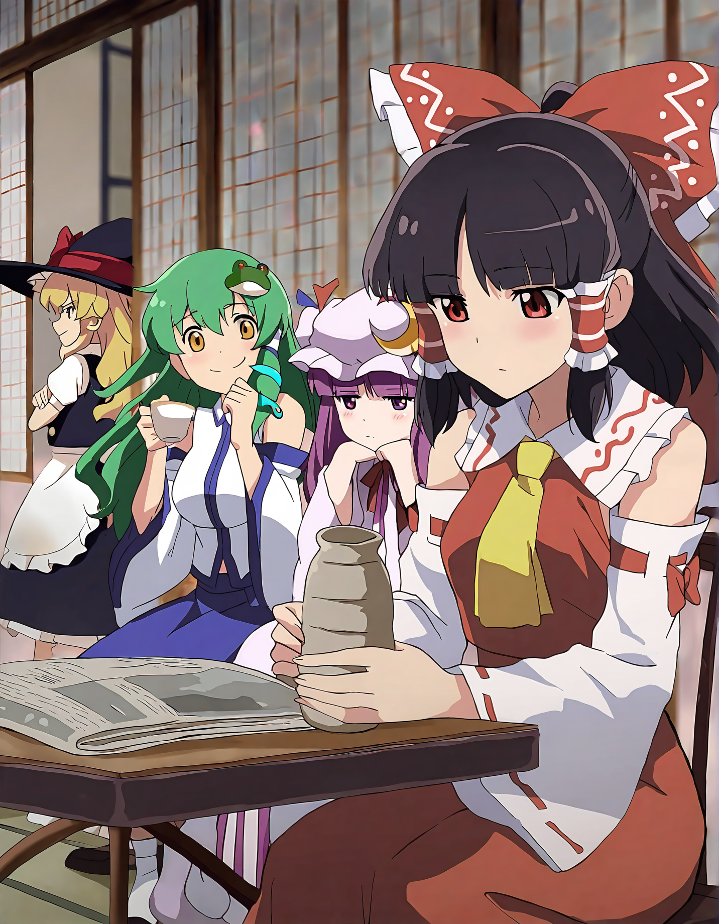 memoriesofphantasm, patchouli knowledge, remilia scarlet, multiple girls, hakurei reimu, newspaper, alice margatroid, kochiya sanae, detached sleeves, hat, green hair, cup, bow, hair bow, blonde hair, crescent, kirisame marisa, long hair, black hair, purple hair, mob cap, blue hair, wings, sensitive, bat wings, short hair, 6+girls, hair tubes, red eyes, table, ribbon, sitting, hairband, ascot, puffy sleeves, food, teacup, hat ribbon, skirt, head rest, smile, dress, hair ornament, capelet, red bow, tea, frog hair ornament, plate, crossed arms, long sleeves, tray, wide sleeves, crescent hat ornament, puffy short sleeves, short sleeves, hair ribbon, tokkuri, reading
very awa, masterpiece, best quality, year 2024, newest, highres, absurdres, <lora:memories-of-phantasm-style-noobai-vpred10:1>