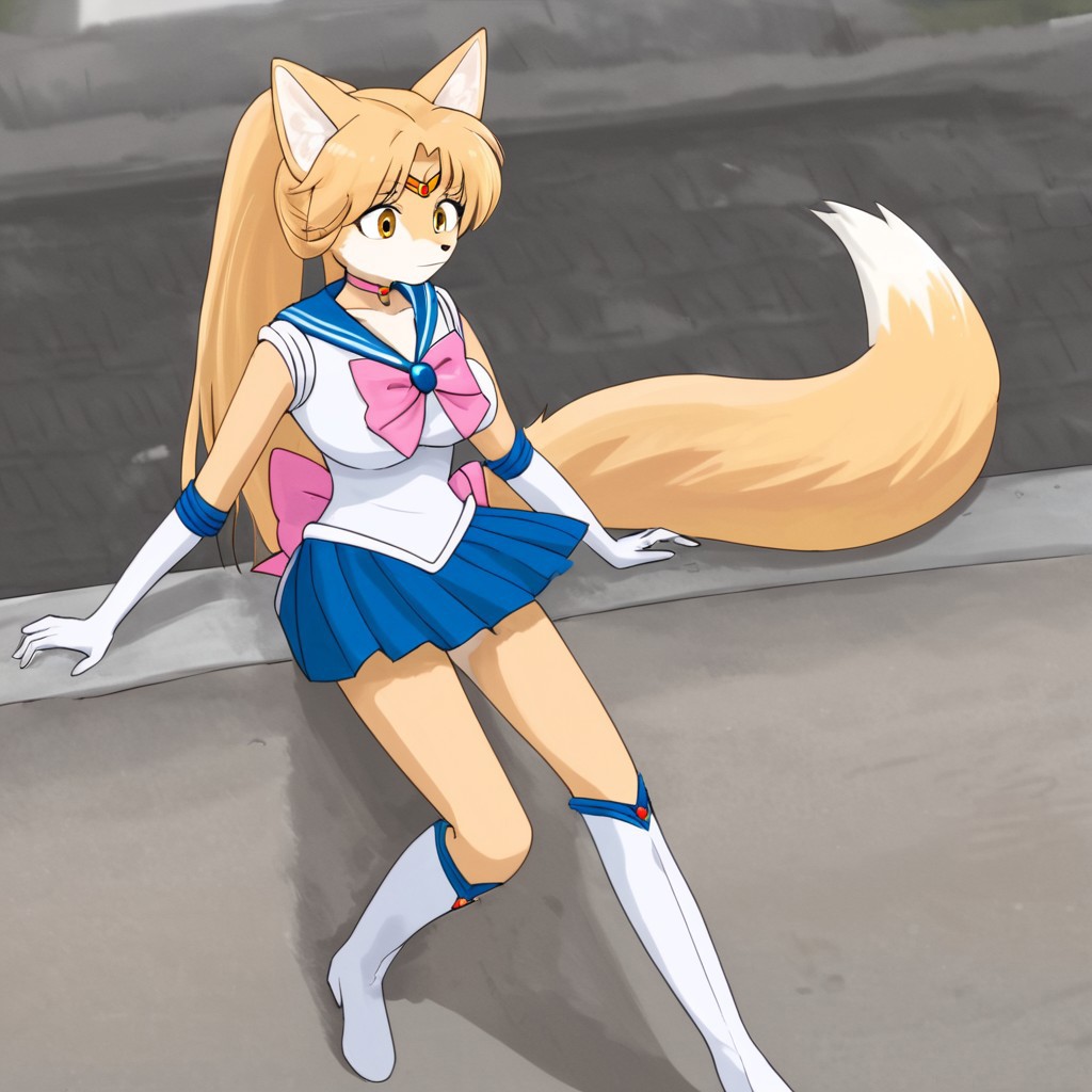 Jeifier,1girl,solo,fox girl,furry female,fox ears,tail,long hair,blonde hair,fox tail,yellow eyes,body fur,animal nose,large breasts,animal ear fluff,ponytail,snout,white fur,brown fur,two tone fur, sailormooncosplay, forehead_tiara, pink back bow, bluesailor collar, blue skirt, boots, pink bow, brooch, choker, elbow gloves, gloves, jewelry, knee boots, white boots, pleated skirt, sailor senshi uniform, skirt, white gloves, rooftop