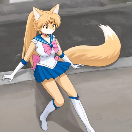 Jeifier,1girl,solo,fox girl,furry female,fox ears,tail,long hair,blonde hair,fox tail,yellow eyes,body fur,animal nose,large breasts,animal ear fluff,ponytail,snout,white fur,brown fur,two tone fur, sailormooncosplay, forehead_tiara, pink back bow, bluesailor collar, blue skirt, boots, pink bow, brooch, choker, elbow gloves, gloves, jewelry, knee boots, white boots, pleated skirt, sailor senshi uniform, skirt, white gloves, rooftop