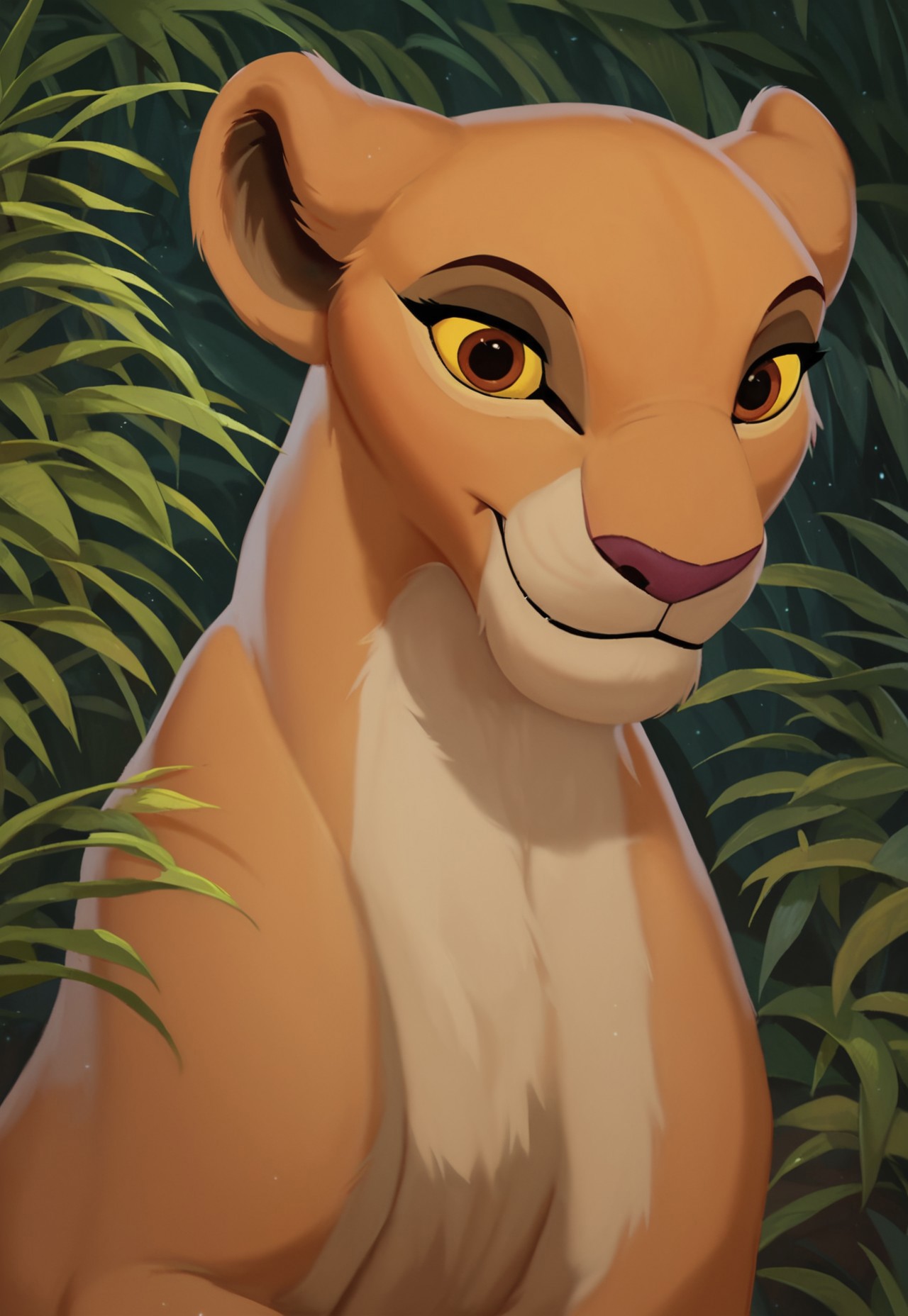 score_9, score_8_up, score_7_up, score_6_up, best quality, highly detailed, detailed fur, detailed background, 
Solo, Furry, female, feral, lioness, Kiara, reddish-brown eyes, yellow sclera, smile, fangs, tail, in the jungle,