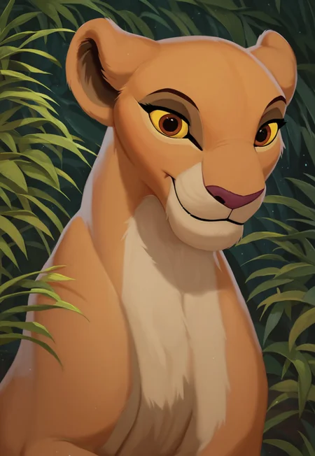 score_9, score_8_up, score_7_up, score_6_up, best quality, highly detailed, detailed fur, detailed background,
Solo, Furry, female, feral, lioness, Kiara, reddish-brown eyes, yellow sclera, smile, fangs, tail, in the jungle,