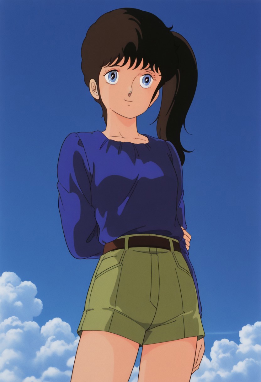 masterpiece, best quality, source_anime,official art,perfect_anatomy,1980s_\(style\),retro_artstyle,anna1996,1girl,blue eyes,brown hair,side ponytail,blue_shirt,shorts,looking_at_viewer,smile,thighs,day,bule_sky,cloud