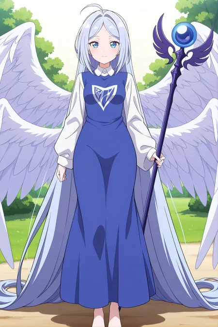 absurdres, highres, masterpiece, best quality, amazing quality, official anime artwork, screencap, anime screencap, outdoors, looking at viewer, light smile, dynamic pose, standing,
 <lora:Sariel_Illustrious:1> sariel, 1girl, solo, blue eyes, blue hair, absurdly long hair, parted bangs, ahoge, small breasts, angel wings, multiple wings,, blue dress, long dress, collared shirt, white sleeves, puffy long sleeves, wide sleeves, barefoot, holding staff, scepter,