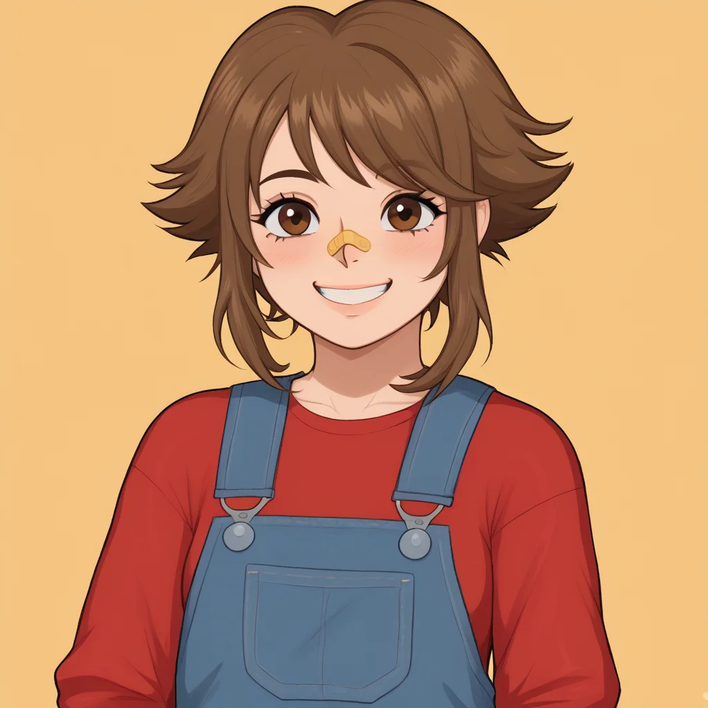 <lora:Catherine_Portillo_-_Until_Then:1>Cathy,1girl,brown hair,brown eyes,bandaid on nose,smiling, <lora:AfrobullLycoXL:0.8>red shirt,denim overalls