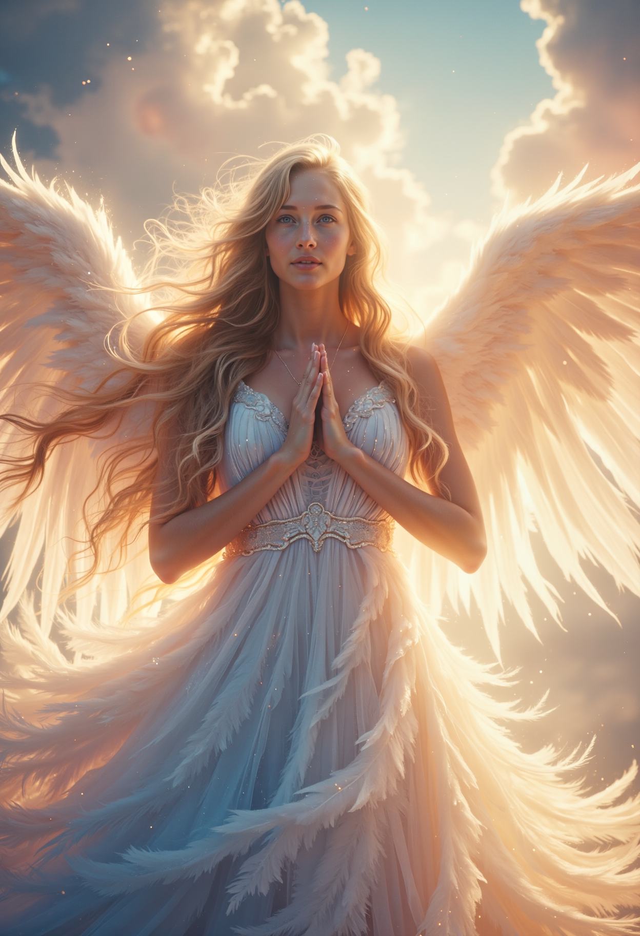 A beautiful young angelic woman, her long golden hair flowing like liquid light, wearing a radiant gown made of glowing white feathers. Her wings stretch wide behind her, each feather softly glowing in the twilight. Her expression is one of peace and compassion, her hands raised as if in blessing, and her bright blue eyes gaze down with kindness. The background is a soft, swirling sky filled with clouds tinted in hues of pink and gold, bokeh, masterpiece, high quality, film grain, hyper detailed, surreal,  <lora:flux_realism_lora:0.7> <lora:fluxenhancer:0.2> <lora:Aura_Flux:0.3> <lora:Dever_Flux_Enhancer:.5>