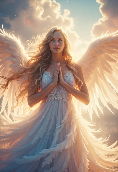 A beautiful young angelic woman, her long golden hair flowing like liquid light, wearing a radiant gown made of glowing white feathers. Her wings stretch wide behind her, each feather softly glowing in the twilight. Her expression is one of peace and compassion, her hands raised as if in blessing, and her bright blue eyes gaze down with kindness. The background is a soft, swirling sky filled with clouds tinted in hues of pink and gold, bokeh, masterpiece, high quality, film grain, hyper detailed, surreal,  <lora:flux_realism_lora:0.7> <lora:fluxenhancer:0.2> <lora:Aura_Flux:0.3> <lora:Dever_Flux_Enhancer:.5>