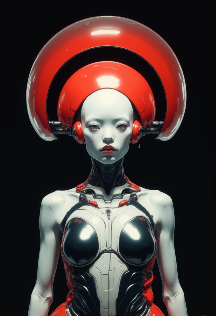 This is a highly stylized, digital artwork featuring a striking, androgynous figure against a solid black background. The subject is adorned in a futuristic, geometric costume with bold color combinations. The costume is primarily composed of horizontal black and white stripes, which create a stark contrast against the figure's pale skin. The headpiece is a large, circular shape with a gradient from red at the outer edge to white at the center, resembling a halo. The figure's face is painted in a dramatic, almost mask-like style, with a white base and striking red lips. The makeup around the eyes is heavily accentuated, giving a bold, almost exaggerated appearance. The overall aesthetic is minimalistic yet highly impactful, with a focus on clean lines and bold color contrasts. The image's lighting is carefully controlled, casting subtle shadows that accentuate the contours of the costume and the figure's features. The texture of the costume appears smooth and glossy, enhancing the futuristic and otherworldly feel of the artwork. The composition is symmetrical, with the figure centered and the headpiece extending beyond the frame, drawing the viewer's attention to the central subject. (G0thicL1nes)