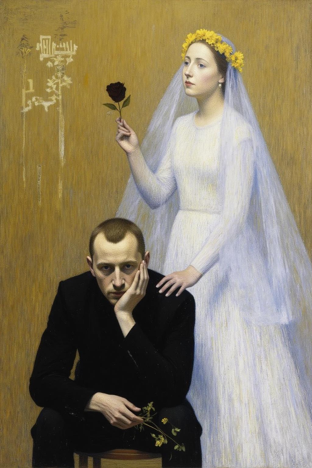 henrimartin1 painting. 
A man dressed in dark clothing is seated in the foreground with his head resting on his hand. He holds a dried flower in his hand. Behind him stands a woman in a white gown with a crown of yellow flowers, holding a single black rose. The background is a muted golden-brown. <lora:henrimartin1_cap_d8a4e12:1.0><lora:851860336981104961:0>