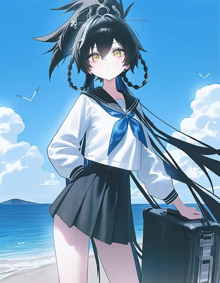 (whitebc:0.75),reoen,(healthyman:0.5),yoshinari you,sailor,sailor skirt,sailor collar,
<lora:mofei_noob2:0.7>,mofei,1girl,solo,black hair,long hair,very long hair,multicolored hair,yellow eyes,braid,hair ornament,
masterpiece,best quality,very aesthetic,absurdres,