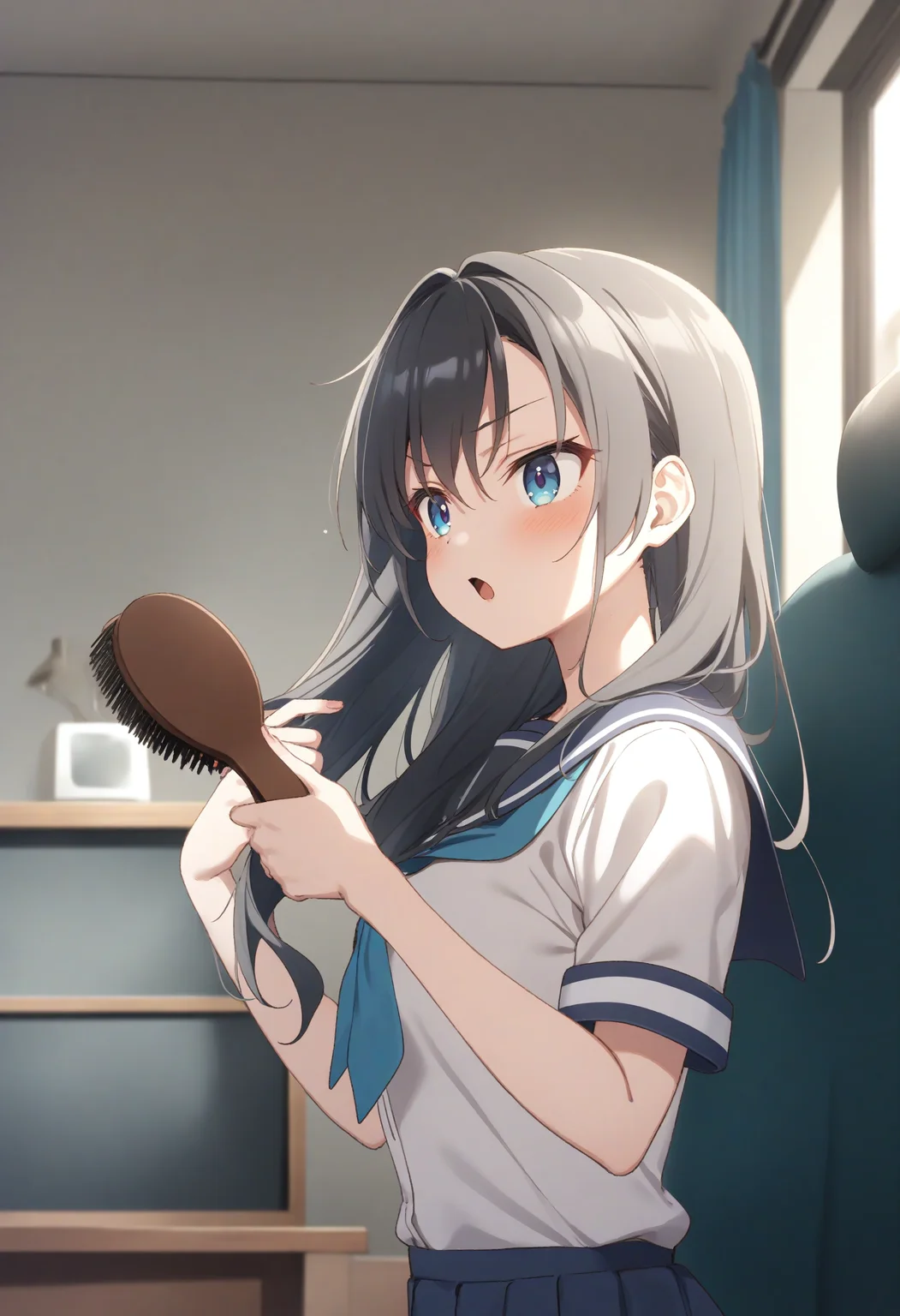 1girl,sincos, ningen mame, toosaka asagi,solo,medium breasts,school uniform,
brushing hair,hair brushing,hair brush,indoors, <lora:brushinghair_XL_v1:0.8>
from side, wide shot, looking to the side, gray hair, silver eyes,serious, open mouth, drill hair,,
best quality, very aesthetic, absurdres