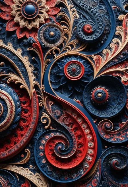 photo of a paisley pattern, boteh, paisley, navy blue, madder red, almond, entwined paislies, official art, aesthetic, dynamic angle, hyper detailed, order and chaos, dark colors, (extremely detailed, intricate details, masterpiece, best quality, 8k wallpaper:1.4), dramatic lighting, (dark blue and madder red palette:1.2), twisting paisley