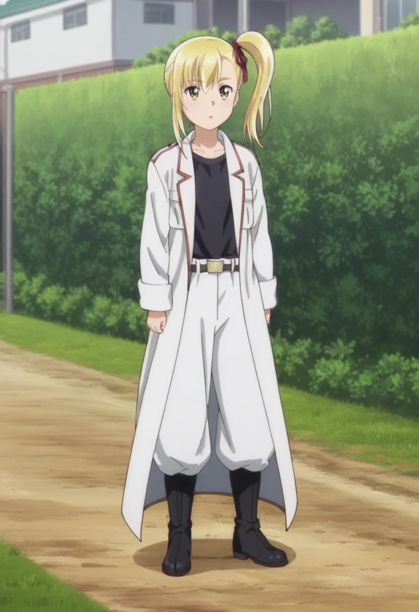 source_anime,anime screencap, anime coloring,intricate details,rating_safe, masterpiece, best quality,
(best quality, absurd res, ultra detailed),,(4 finger:0.5),1girl, ((solo)), good eyes,perfect eyes,,detailed eyes, zPDXLxxx , zPDXL3, OverallDetail,detailed, detailed face
BREAK
solo,outdoors , standing, front view, full body,
anzu, 1girl, yellow eyes, blonde hair, side ponytail, hair ribbon, white coat, black shirt, white pants, belt, black footwear,
, <lora:add-detail-xl:2>   <lora:Anzu:0.8>
