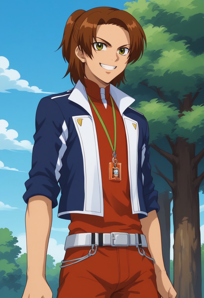 score_9, score_8_up, score_7_up, source_anime, highly detailed, 
masaru, boy, male focus, solo, brown hair, ponytail, green eyes, uniform, shirt, orange shirt, jacket, cropped jacket, blue jacket, open jacket, open clothes, sleeves rolled up, belt, pants, orange pants, jewelry, id card, smile, grin,
outdoot, sky, cloud, tree