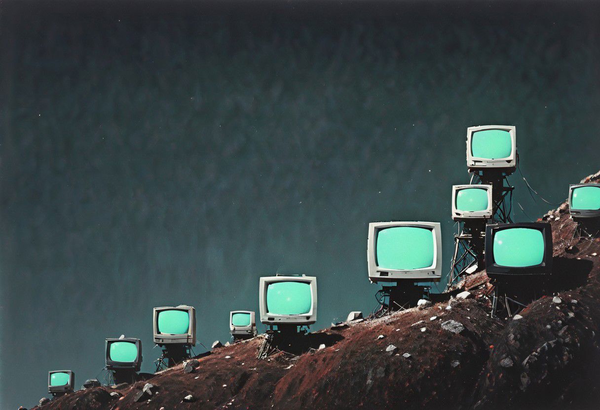 by franco fontana a detailed colorful sketch by herg, n-eeyblch, neon-pastel Dark photo, Create a short story inspired by the photo of dystopian Himalayan Sherpas hauling a pile of old computers and electronic waste up a desolate mountain, with the vast landscape and a broken moon in the background.