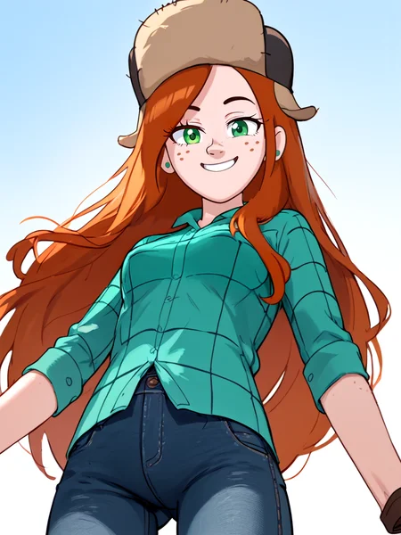 Score_9, score_8_up, score_7_up, score_6_up, low angle, 
1girl, wendy, long hair, orange hair, green shirt, freckles, fur hat, breasts,  looking at viewer, jeans, <lora:WendyCorduroyPony1.0:1>