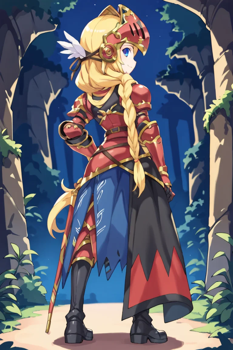 (score_9, score_8_up, score_7_up, score_6_up), source anime, BREAK, <lora:Aegina:0.70> , aegdef, 1girl, blonde hair, long hair, braid, blue eyes, valkyrie, visor (armor), winged helmet, armored dress, armor, gauntlets, boots, smile, closed mouth, looking at viewer, solo, (from behind), standing, looking back, single braid, <lora:zy_Detailed_Backgrounds_v1:0.5> , detailed background, highly detailed, castle, fortress, night, forest, overgrowth, jungle, <lora:DeaverStylePonyXL:0.5> , DeaverStyle, virtual youtuber, thick outline, simple background,