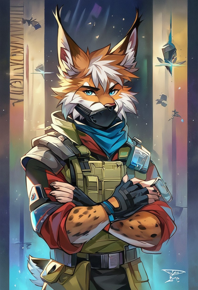 Score 9, Score_8_up, Score_7_up, ng_deepnegative_v1_75t, negative_hand, charturnerv2, knee-deep portrait of adult male,  banners, starship, high technology, shirt, fingerless gloves, soldier uniform,, , anime, Arknight provens, detailed background, cyberpunk, bandana, facemask, furry,  lynx species,  lynx tail, lynx ears