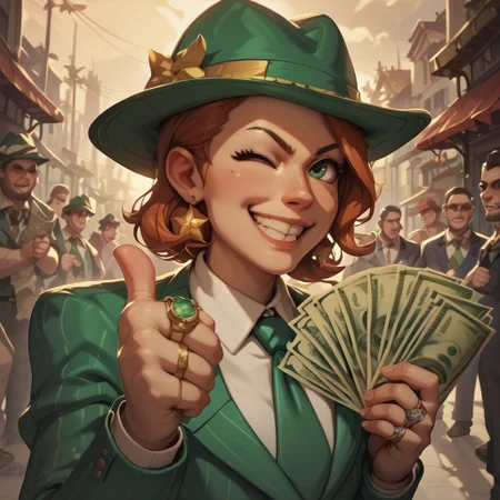 score_9, score_8_up, score_8. score_9, score_8_up, score_7_up, masterpiece, 4k, high quality, (best quality:1.1),anime, semi realistic, thumbs up, one eye closed, grin, smile, money, holding money, portrait, need_buzz, holding sign, gangstersb, ring, formal, hat, green headwear, necktie, suit, striped, looking at viewer