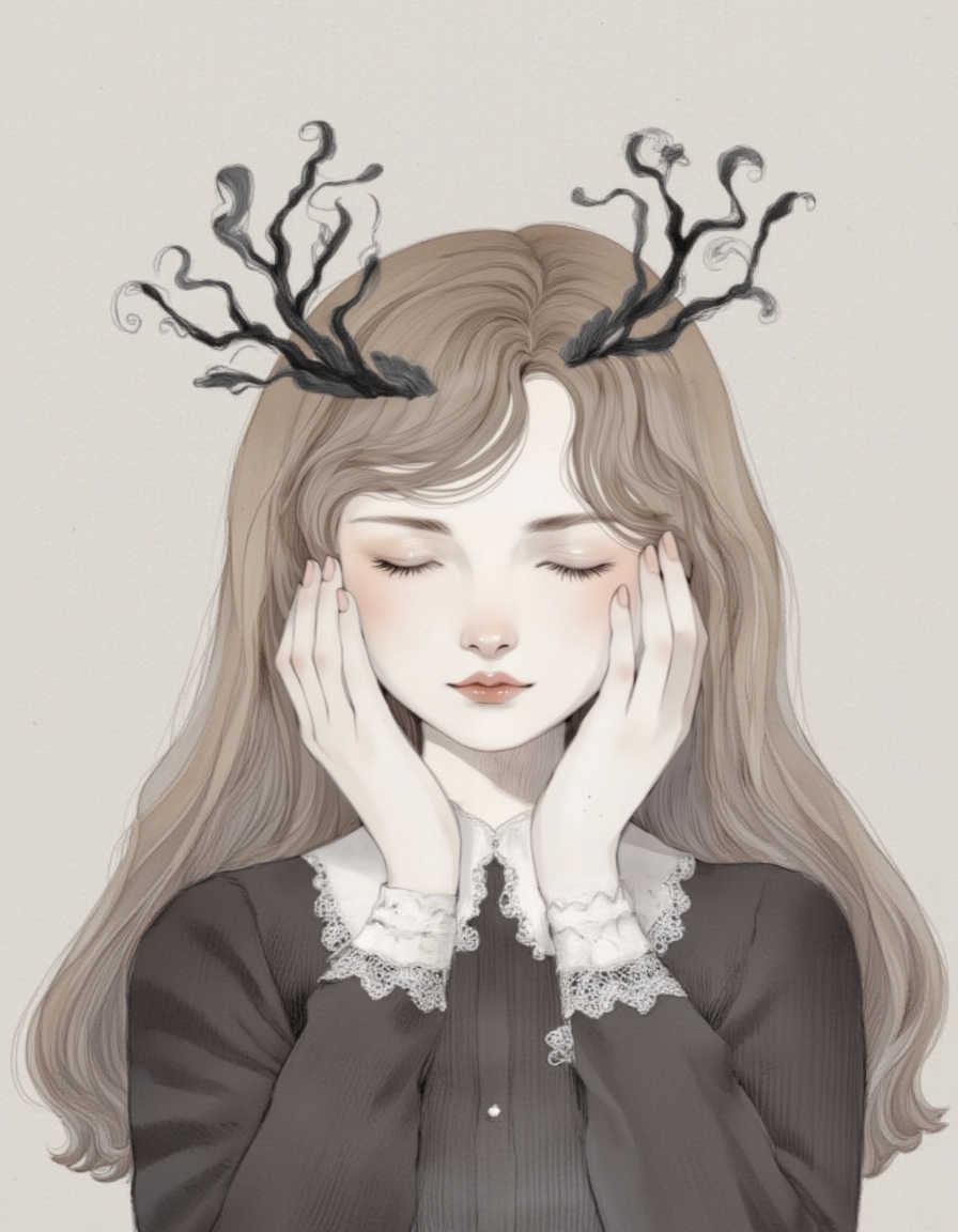 <lora:choffi:1>This image is a digital drawing in a delicate, soft pastel style, featuring a young woman with fair skin and long, light brown hair adorned with a black, intricately designed headpiece that resembles a crown. The headpiece is embellished with small, black, curling tendrils and features white lace-like details. The woman's eyes are closed, giving her a serene and contemplative expression. She has a gentle, almost delicate facial structure, with high cheekbones and a small, slightly upturned nose. Her lips are painted a muted, natural shade, and her eyebrows are thin and arched. She wears a long-sleeved black dress with white lace cuffs, which adds to the ethereal, vintage aesthetic of the artwork. Her hands are placed gently on either side of her face, with her fingers lightly touching her cheeks, suggesting a moment of introspection or reflection. The background is a muted, light gray color with a subtle, textured pattern, which complements the softness of the subject without detracting from her. The overall mood of the image is calm and introspective, with a touch of elegance and mystery.