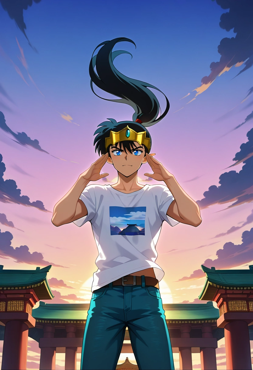 masterpiece, best quality, intricate details, anime screencap, anime coloring, official style, , 1boy, solo, male focus, <lora:kouga_inuyasha_ilxl:0.9>, kouga_inuyasha, black hair, blue eyes, long hair, ponytail, pointy ears, , floating temple, cloud pillars, sky bridges, wind chimes, worship pose, serene expression, sunrise, Denim joggers, Graphic T-shirt, , Crown,