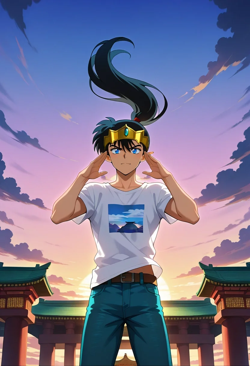 masterpiece, best quality, intricate details, anime screencap, anime coloring, official style, , 1boy, solo, male focus, <lora:kouga_inuyasha_ilxl:0.9>, kouga_inuyasha, black hair, blue eyes, long hair, ponytail, pointy ears, , floating temple, cloud pillars, sky bridges, wind chimes, worship pose, serene expression, sunrise, Denim joggers, Graphic T-shirt, , Crown,