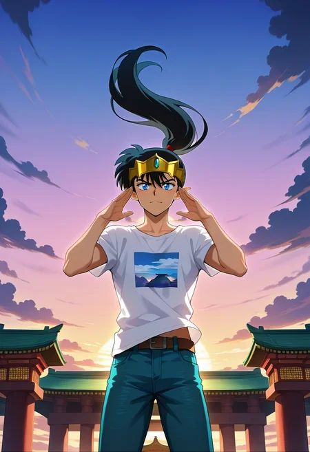 masterpiece, best quality, intricate details, anime screencap, anime coloring, official style, , 1boy, solo, male focus, <lora:kouga_inuyasha_ilxl:0.9>, kouga_inuyasha, black hair, blue eyes, long hair, ponytail, pointy ears, , floating temple, cloud pillars, sky bridges, wind chimes, worship pose, serene expression, sunrise, Denim joggers, Graphic T-shirt, , Crown,
