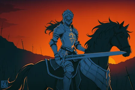 female knight, blooded armor, layered armor, holds sword, sitting on horse,
dark, sunset,
cthulhuseeker, 
<lora:Cthulhuseeker-illustrious:1>