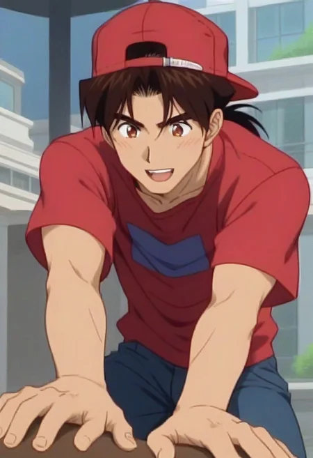 ((masterpiece)), ((best quality)), ((ultra-detailed)), ((absurdres)), score_9_up, score_8_up, score_7_up,
HD, top quality, best quality, amazing quality, High-quality illustrations, anime screencap, source_anime, best aesthetic, perfect proportions, perfect eyes, 1boy, 1male, solo boy, solo male, male focus, solo male focus, Anime, boy, male anime character, anime boy, handsome, attractive, cute, charming, sexy, hot, ((tall, tall body, tall height)), ((lean body, slim body)), easynegative, Expressiveh, neghands, updn, Kintaro Oe, brown hair, ponytail, brown eyes, red cap, backwards cap, red shirt, light brown jacket, pants, outside public, sunny weather, hot weather, happy, joyful, happy eyes, big eyes