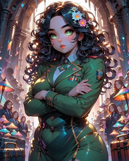 PonyScores7, source_anime, ah1, BREAK 1girl, (curly hair), (long hair:1.3), (black hair:1.3), mature female, (parted hair:1.7), (round face:1.2), (fringe:-0.5), (bangs:-0.5), (hair between eyes:-0.5),  (thick eyebrows), (curvy), round-chin, (greenish hazel eyes), caucasian, (downturned eyes:1.4), (plump face), <lora:ETO_OCPonyXL:0.5> eto_oc, skindentation, (plump), thick thighs, wide hips, busty, voluptuous, kinky curls, lips, <lora:venus body PonyXL:0.4>,  (Optimistic), (Arms crossed over the chest, perfect fingers, perfect hands), (a cursed cave with glowing fungi, hidden traps, a sense of impending doom), looking at viewer, (bird flower bellhop, dressed in a uniform with a luggage cart and a hotel room key in hand), BREAK <lora:xl_more_art-full_v1:0.2>, <lora:shinyskin2:0.2> glistening skin, <lora:aesthetic_anime_v1s:0.2>, <lora:Expressive_H:0.2> Expressiveh, <lora:hairdetailpxl:0.2> hairdetailpxl, <lora:EpicF4nta5yXL:0.2>, <lora:detailxl:0.2> detailxl, <lora:Fant5yP0ny:0.2>, best quality, amazing quality, best aesthetic, absurdres, <lora:expressive eyes:0.2> expressive eyes, <lora:eyedetailpxl:0.2> eyedetailpxl, illustration, Volumetric_Lighting, ultra-detailed, very aesthetic, intricate details, 8k, masterpiece, best_quality, BREAK (Low angle view Extreme Close shot (focus on legs)), BREAK <lora:Eyes_High_Definition:0.3> EyesHD, Stable_Yogis_PDXL_Positives, AS-Adult, <lora:Complicated fantasy portrait - XL Pony V2.0:0.4>, bad-hands-5,