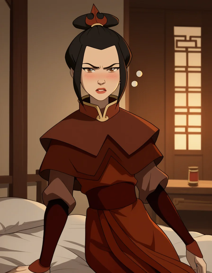 score_9, score_8_up, score_7_up, source_anime, <lora:azula-book2-ponyxl-lora-nochekaiser:1>, azula, black hair, brown eyes, topknot, sidelocks, hair bun, single hair bun, chinese clothes, capelet, sash, long sleeves, elbow gloves, , indoors, bed, bed room, on side, blush, drunk, looking at viewer, solo, cowboy shot, dutch angle