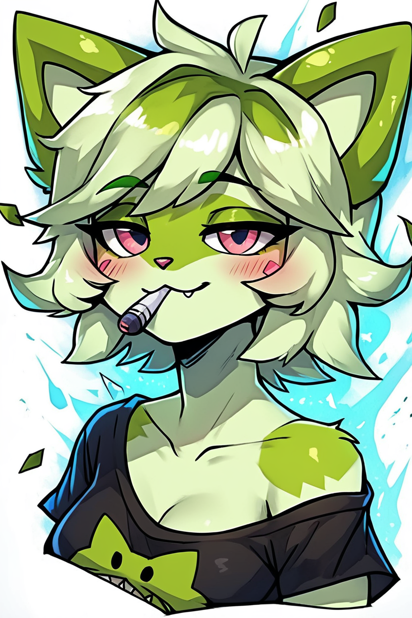 score_9, score_8_up, score_8, medium breasts, (curvy), cute, eyelashes,       BREAK, ,  zzWdcat, 1girl, looking at viewer, blush, short hair, simple background, shirt, white background, animal ears, bare shoulders, upper body, short sleeves, green hair, artist name, cat ears, off shoulder, black shirt, :3, blush stickers, half-closed eyes, cat girl, furry, cropped torso, furry female, <lora:Wdcat_PDXL:1.0>, , BREAK, embedding:zPDXL, Expressiveh, ,,, <lora:EnergyCAT:1.0>, solo, smile, looking at viewer, aura, blue sky, ,,, <lora:SDXLFaeTastic2400:0.5>, <lora:Expressive_H-000001:0.4>,