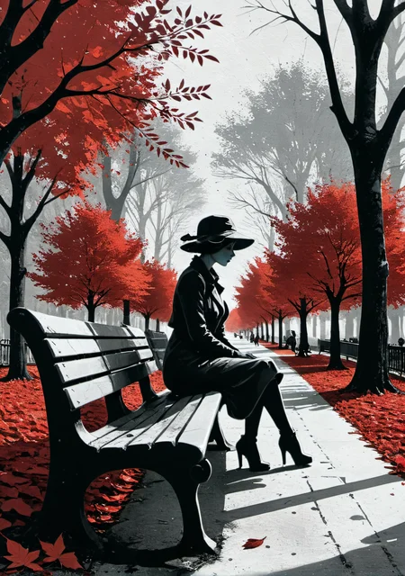 bold artwork,creative use of shadows and textures to create an image using negative space,masterful use of limited colors to create an image of bold contrasts,inventive and whimsical use of camera angles to give new perspective to illustration,"the woman on the park bench",Ultra-HD-details,red leaves