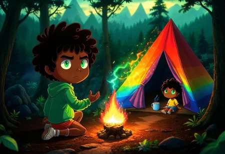 max (camp camp), dark fantasy theme, rainbow colored silhouette outline against a dark background,max (camp camp), 1boy, solo, human, male focus, curly black hair, curly tousled black hair, afro, dark skin, dark-skinned male,  large eyes, round eyes, green eyes,small nose, triangular nose, pointed nose, beautiful forest horror, anime, magical fantasy, plasma pattern, dark lights
,epic, cinematic colors, masterpiece, detailmaximizer, midjourneyv6.1