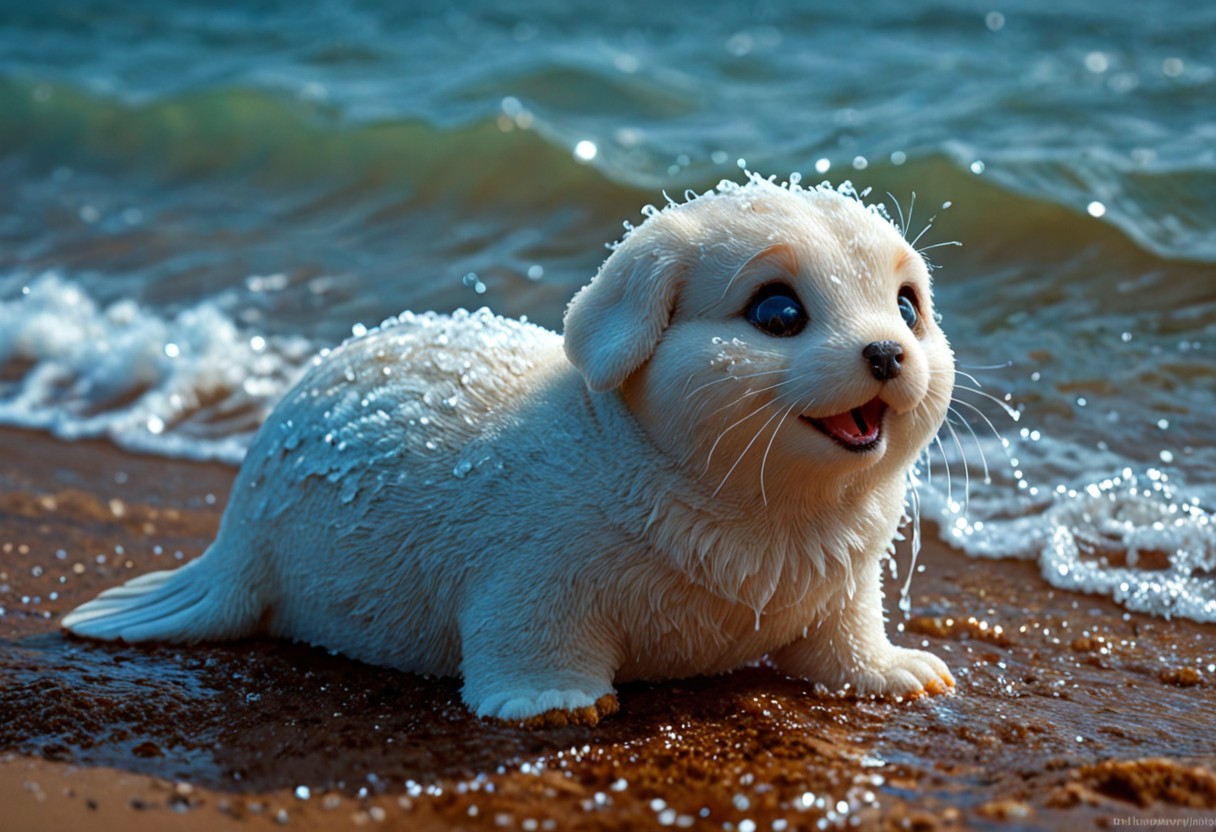 "Seal Pupigeon" - A Puppy with a Magical Twist
This adorable hybrid is primarily a puppy, with irresistible features enhanced by the charm of a seal and a pigeon. Its fluffy, velvety fur is mostly creamy white with golden and gray undertones, giving it a soft, seal-like sheen. Its big, soulful puppy eyes glisten with curiosity and playfulness, framed by faint lashes that amplify its cuteness.
The rounded head sports subtle pigeon feather tufts, blending seamlessly with its floppy puppy ears. A tiny, wet nose and a slightly open mouth reveal its playful, puppy-like demeanor. Its small, sturdy body is accented by short, flipper-like paws and folded pigeon wings that nestle softly against its fur, adding a whimsical, fantastical touch.
The scene is a sunny meadow by a coastal tide pool, where the puppy hybrid wags its stubby tail and gazes at the shimmering water. Vibrant wildflowers and smooth pebbles surround it, while sunlight highlights every detail of its glossy coat and delicate features. This photorealistic creation captures the magical essence of a puppy reimagined with a hint of fantasy.
Keywords/Tags: Hyper-Realistic, Hybrid Animal, Puppy-Bunny-Squirrel, Adorable, Fluffy, Photorealism, Nature, Whimsical, Magical Creature, Realistic Fantasy, Innocent and Playful. cutelittleanimals