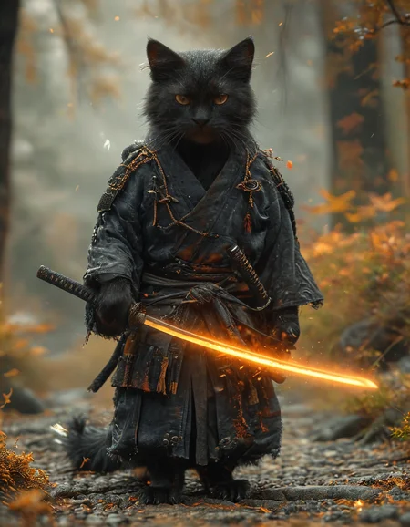 A cat standing tall on legs, dressed in a ninja costume, The cat is covered in soft sleek fur, mysterious aura, holds a katana sword, ready for action, The background is an outdoor setting with earthy tones, a natural and serene atmosphere, peaceful surroundings, the ninja cat stands ready, embodying the spirit of a warrior, <lora:XL_Weapon_Katana_-_By_HailoKnight:1>, <lora:MJ52:0.4>
