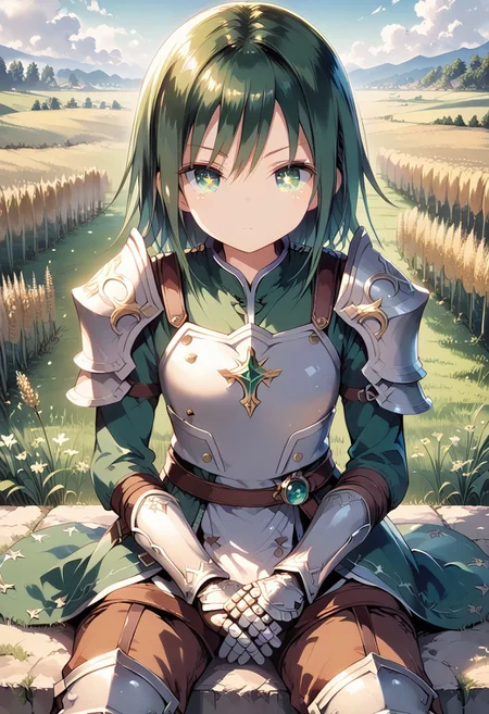 score_9, score_8_up, score_7_up, 1girl,FujisakaLP,high definition eyes, (masterpiece), (best quality), (ultra detailed),(disheveled hair),(illustration), (best shadow), detail1eye, sakuya, magicpunk style, incredibly absurdres, concept art, best quality, perfect lighting, illustration, vanishing point, sitting, looking at viewer, mature male character, 1boy, (no mouth:1.3), male focus, masculine, green hair, Dyed Bangs, sparkling eyes, wearing (fantasy style crotch plate and shin guards:1.1), field of wheat, finely detailed background, amazing background